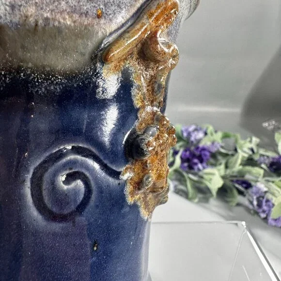 Grape Vine Mug Studio Pottery Vintage Clay Stoneware Thumb Rest Hand Cup - Picture 4 of 14